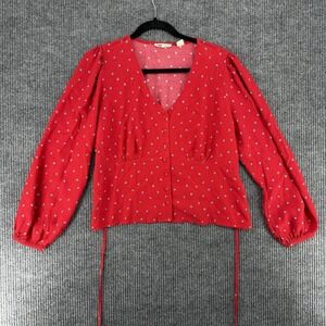 Levis Womens XL Red Floral Blouse Peplum Tie Back Long Sleeve Viscose